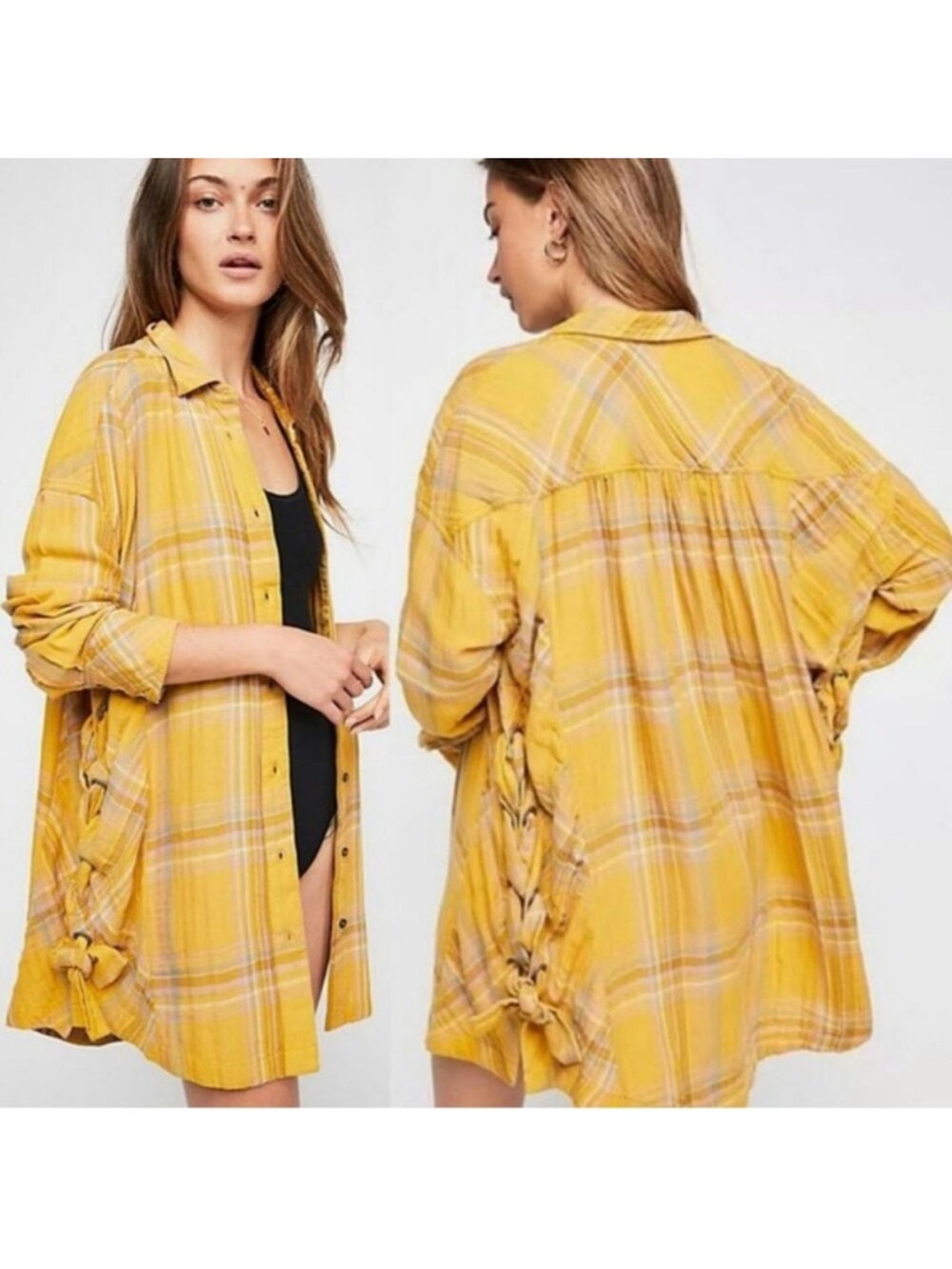 $108 Free People Nordic Day Oversized Button Down Cotton blend Flannel Size XS